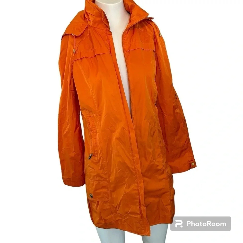 Rainforest Packable Travel Hooded Rain Coat Orange w/ Gold Accents size Medium